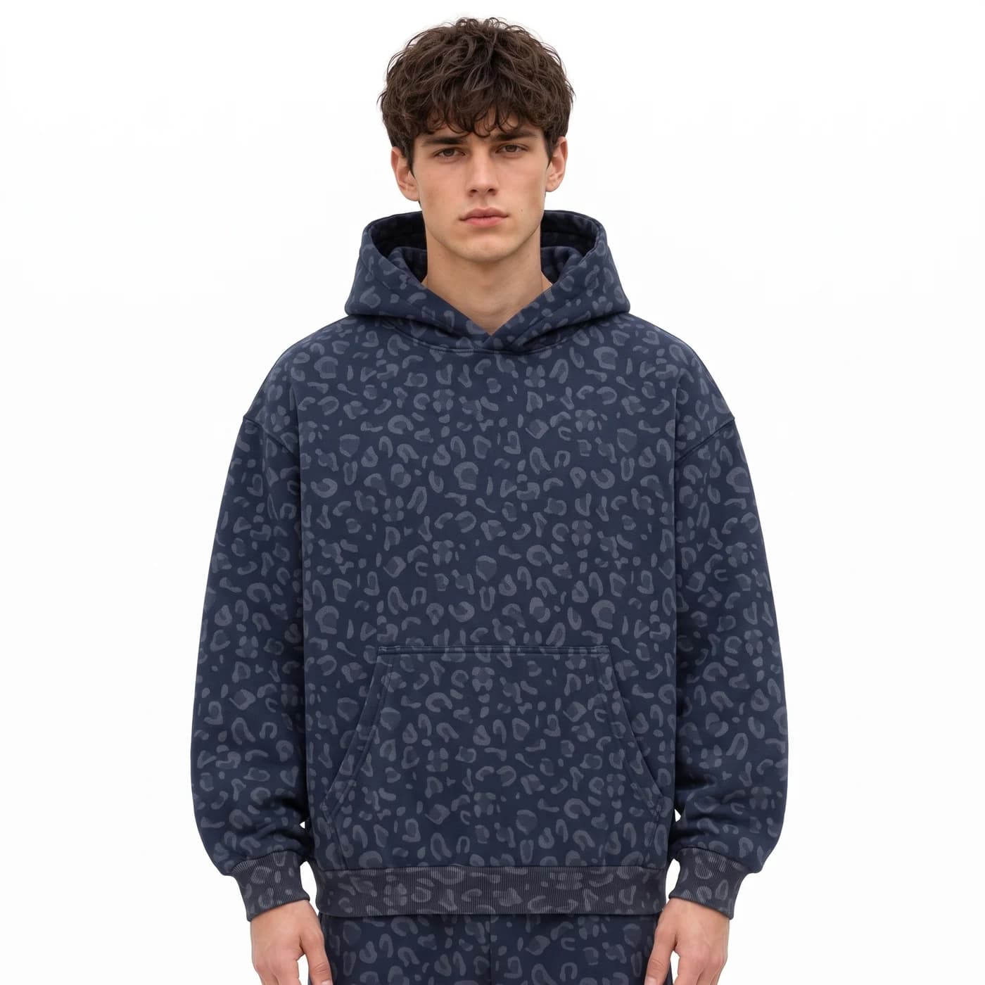 Leopard Print Relaxed Pullover Hoodie in Navy Leopard, relaxed men's fit