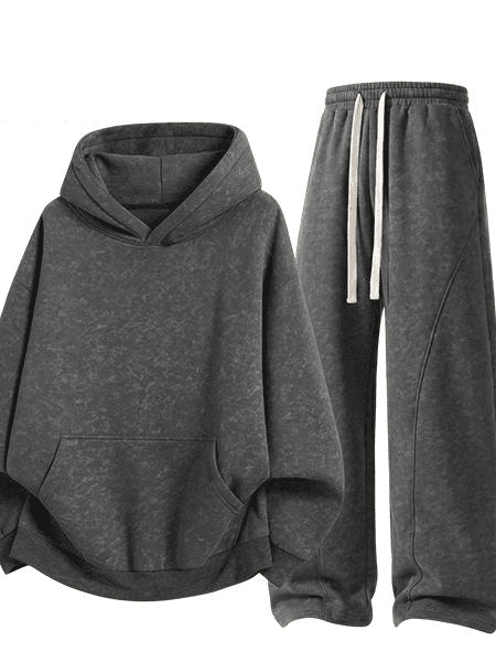 Marble Print Hoodie & Wide-Leg Sweatpants Set in Earth Gray, front flat lay